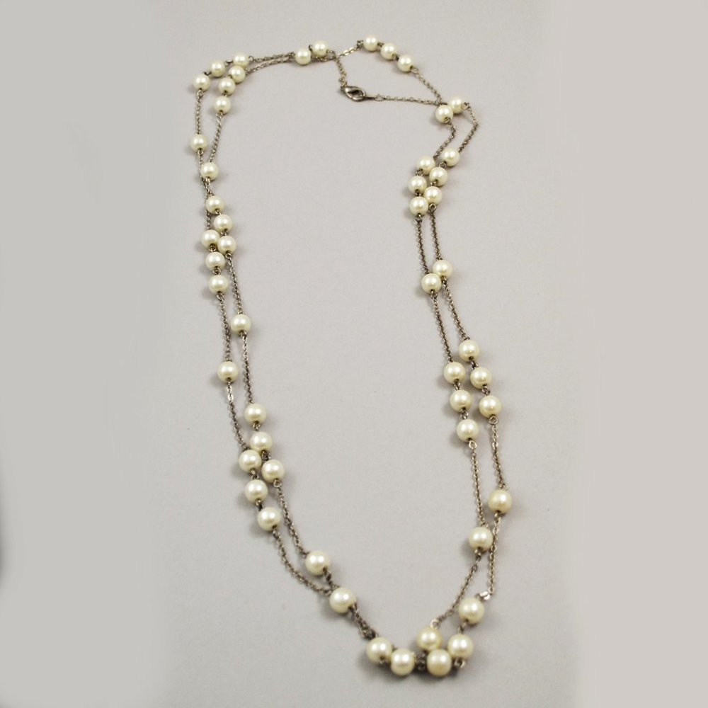 Vintage Faux Pearl and Silver Tone 60 Inch Chain Necklace w/ Lobster Claw Clasp